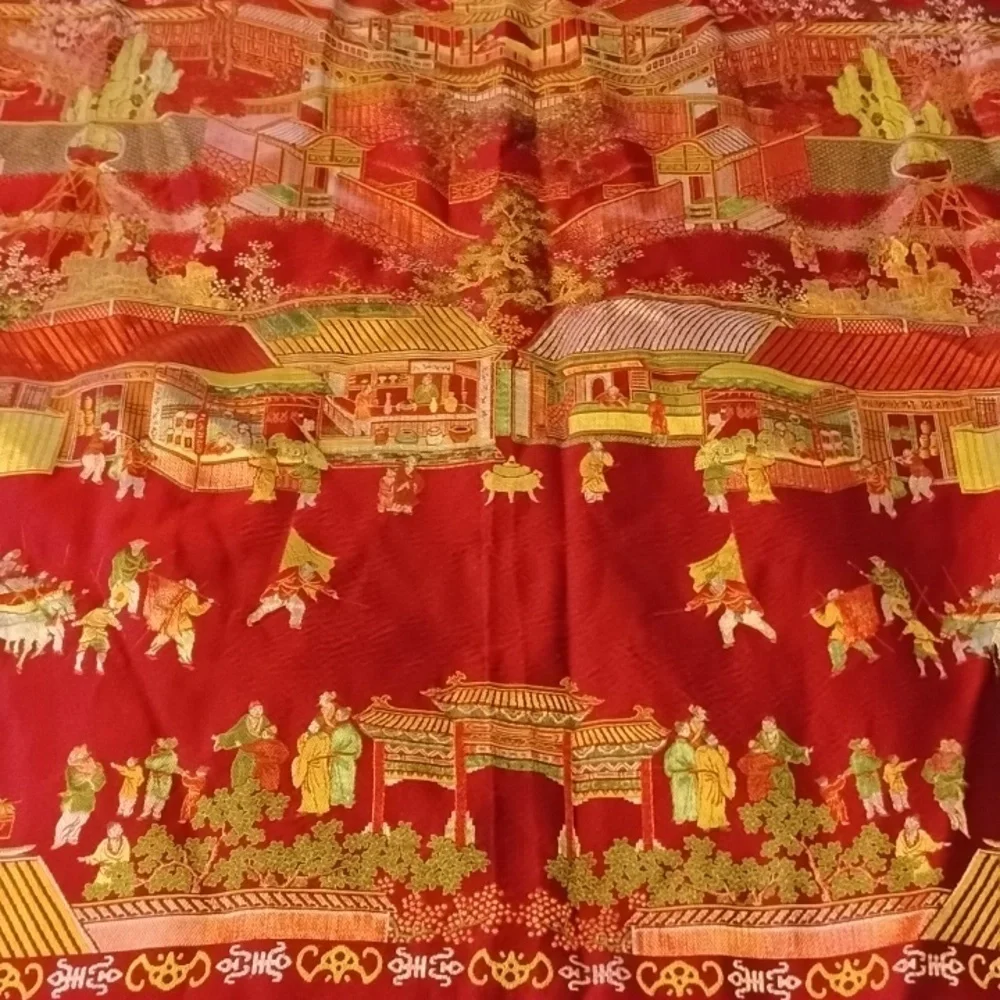 Vintage Asian Brocaded Flowers Silk Embroidered Red Square Fringe Tablecloth